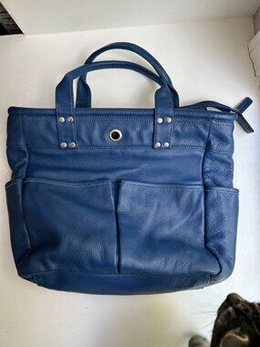 Lg Levenger Leather Purse Handles Detachable Strap Blue 16" x 4"